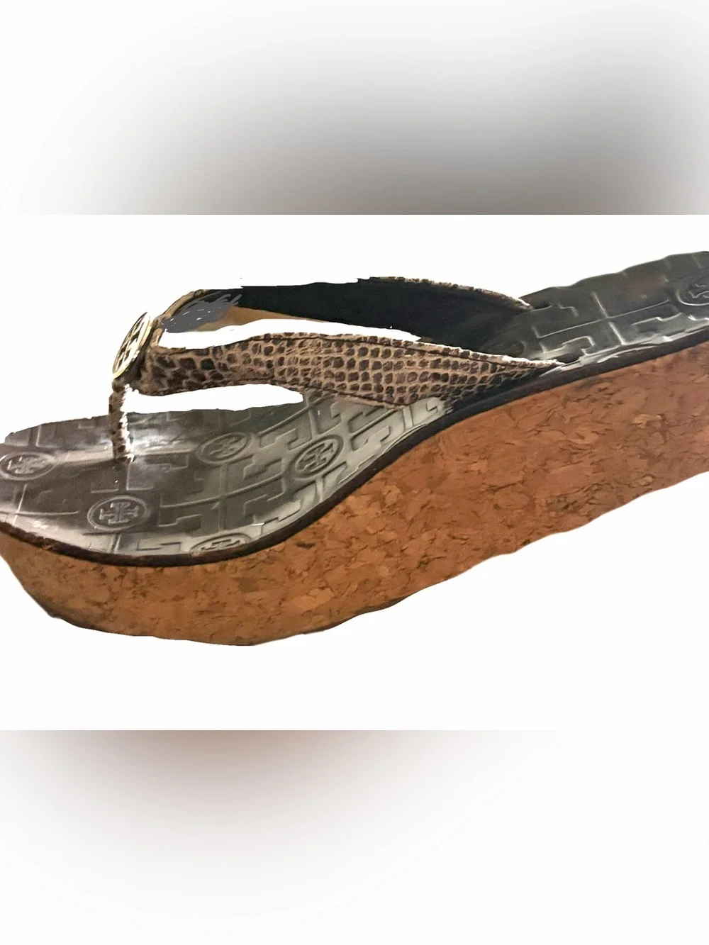 Tory Burch Brown Snake-Print Thong Sandals with Gold Medallions